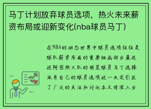 马丁计划放弃球员选项，热火未来薪资布局或迎新变化(nba球员马丁)