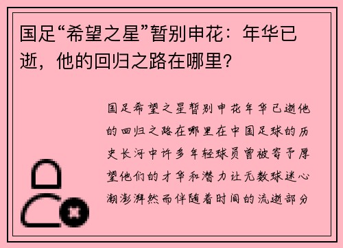 国足“希望之星”暂别申花：年华已逝，他的回归之路在哪里？