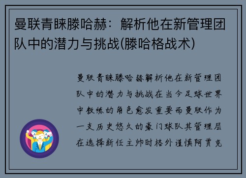 曼联青睐滕哈赫：解析他在新管理团队中的潜力与挑战(滕哈格战术)