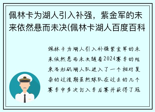 佩林卡为湖人引入补强，紫金军的未来依然悬而未决(佩林卡湖人百度百科)