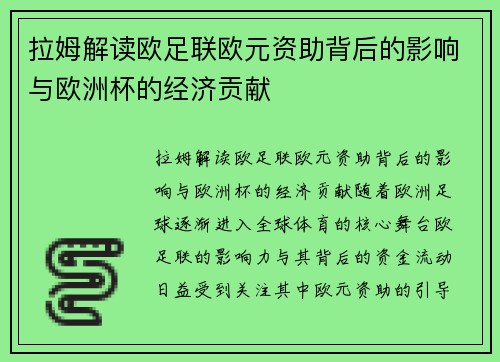 拉姆解读欧足联欧元资助背后的影响与欧洲杯的经济贡献